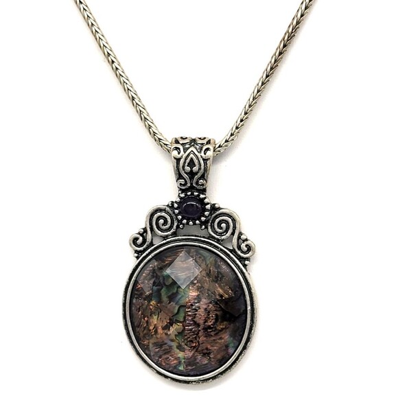 Kenneth Cole Abalone Shell Necklace Earrings Set Silver Tone Metal Swirl Ornate - Picture 6 of 17